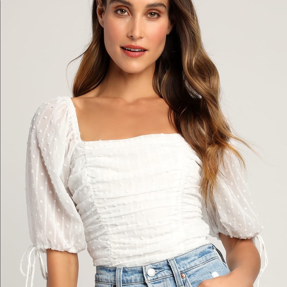 Think of Me Ivory Swiss Dot Ruched Bodysuit